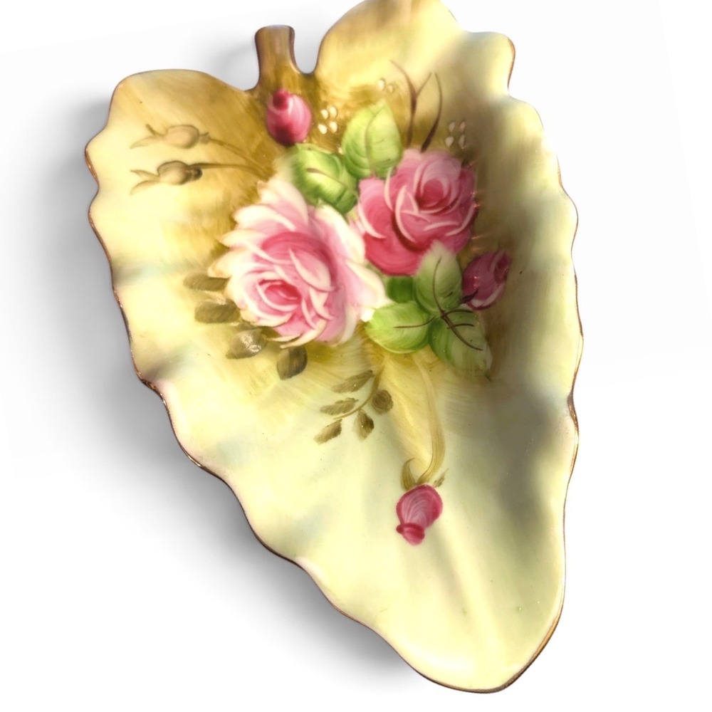 Vintage Lefton China Pink Rose Leaf Candy Dish TrinketHand Painted Cottagecore